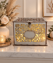 Load image into Gallery viewer, Rustic vintage silver wishing well with padlock & lights - HIRE ONLY