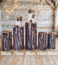Load image into Gallery viewer, Rustic wood stump cylinder plinth cake or flower stand - 90cm - HIRE ONLY