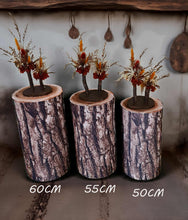 Load image into Gallery viewer, Rustic wood stump cylinder plinth flower / event stand - 55cm - HIRE ONLY