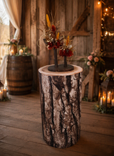Load image into Gallery viewer, Rustic wood stump cylinder plinth flower / event stand - 60cm - HIRE ONLY