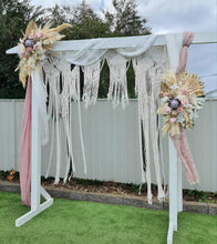 Load image into Gallery viewer, White wooden arbour w macrame - Boho Blush Package - HIRE ONLY