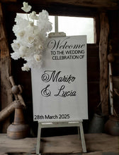 Load image into Gallery viewer, White welcome sign flowers including easel - HIRE ONLY
