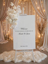 Load image into Gallery viewer, White welcome sign flowers including easel - HIRE ONLY