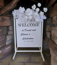 Load image into Gallery viewer, White welcome sign flowers including welcome stand / frame - HIRE ONLY
