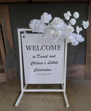 Load image into Gallery viewer, White welcome sign flowers including welcome stand / frame - HIRE ONLY