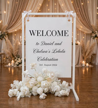 Load image into Gallery viewer, White welcome sign flowers including welcome stand / frame - HIRE ONLY