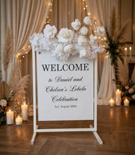 Load image into Gallery viewer, White welcome sign flowers including welcome stand / frame - HIRE ONLY