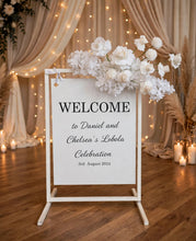 Load image into Gallery viewer, White welcome sign flowers including welcome stand / frame - HIRE ONLY