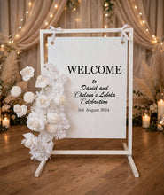 Load image into Gallery viewer, White welcome sign flowers including welcome stand / frame - HIRE ONLY