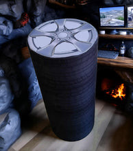 Load image into Gallery viewer, Alloy wheels and tyres cylinder cake stand / plinth - 90cm - HIRE ONLY