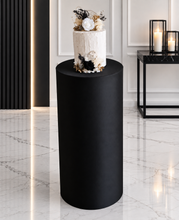 Load image into Gallery viewer, Black arch backdrop, Black & white flowers and black plinth / cake stand - HIRE ONLY