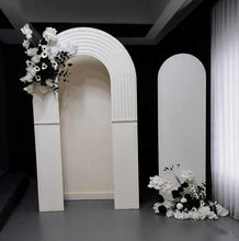 Load image into Gallery viewer, Double arch backdrop ripple - white incl 2 x flowers - HIRE ONLY