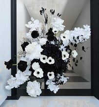 Load image into Gallery viewer, Black & white hanging flowers for arch / arbour / backdrop - HIRE ONLY