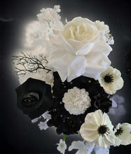 Load image into Gallery viewer, Black & white hanging flowers for arch / arbour / backdrop - HIRE ONLY