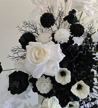 Load image into Gallery viewer, Black & white hanging flowers for arch / arbour / backdrop - HIRE ONLY