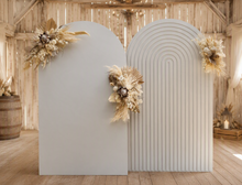 Load image into Gallery viewer, Two white backdrops / arches & 3 x boho flowers - HIRE ONLY