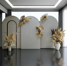 Load image into Gallery viewer, Three white backdrops / arches & 5 x boho flowers - HIRE ONLY