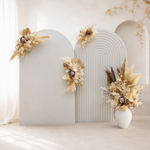 Load image into Gallery viewer, Double white backdrops / arches & 4 x boho flowers - HIRE ONLY