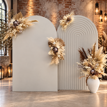 Load image into Gallery viewer, Double white backdrops / arches & 4 x boho flowers - HIRE ONLY