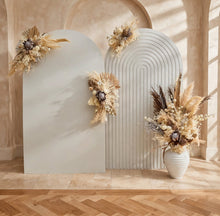 Load image into Gallery viewer, Double white backdrops / arches & 4 x boho flowers - HIRE ONLY