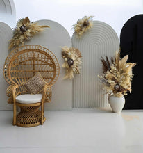 Load image into Gallery viewer, Three white backdrops / arches & 5 x boho flowers & Queen Peacock chair - HIRE ONLY