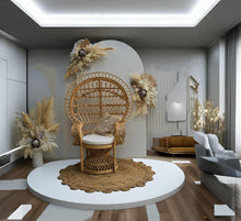 Load image into Gallery viewer, Three white backdrops / arches & 5 x boho flowers & Queen Peacock chair - HIRE ONLY