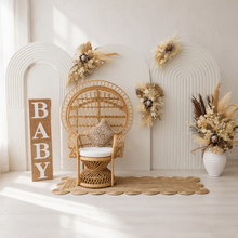Load image into Gallery viewer, Three white backdrops / arches & 5 x boho flowers & Queen Peacock chair - HIRE ONLY