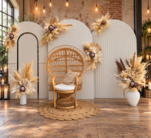 Load image into Gallery viewer, Three white backdrops / arches & 5 x boho flowers & Queen Peacock chair - HIRE ONLY