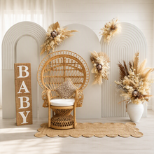 Load image into Gallery viewer, Three white backdrops / arches & 5 x boho flowers & Queen Peacock chair - HIRE ONLY