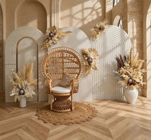 Load image into Gallery viewer, Three white backdrops / arches & 5 x boho flowers & Queen Peacock chair - HIRE ONLY
