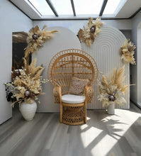 Load image into Gallery viewer, Two white backdrops / arches & 5 x boho flowers & Queen Peacock chair - HIRE ONLY