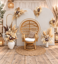 Load image into Gallery viewer, Two white backdrops / arches & 5 x boho flowers & Queen Peacock chair - HIRE ONLY