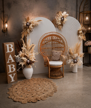 Load image into Gallery viewer, Two white backdrops / arches & 5 x boho flowers & Queen Peacock chair - HIRE ONLY