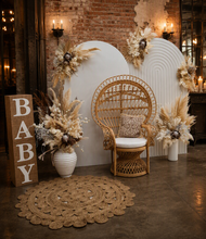 Load image into Gallery viewer, Two white backdrops / arches & 5 x boho flowers & Queen Peacock chair - HIRE ONLY