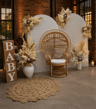 Load image into Gallery viewer, Two white backdrops / arches & 5 x boho flowers & Queen Peacock chair - HIRE ONLY