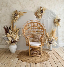 Load image into Gallery viewer, Two white backdrops / arches & 5 x boho flowers & Queen Peacock chair - HIRE ONLY