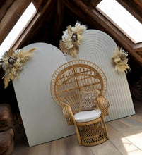 Load image into Gallery viewer, Two white backdrops / arches & 3 x boho flowers & Queen Peacock chair - HIRE ONLY