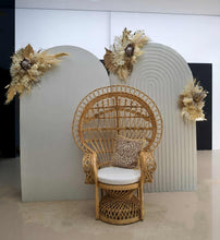 Load image into Gallery viewer, Two white backdrops / arches & 3 x boho flowers & Queen Peacock chair - HIRE ONLY