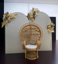 Load image into Gallery viewer, Two white backdrops / arches & 3 x boho flowers & Queen Peacock chair - HIRE ONLY