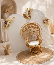 Load image into Gallery viewer, Two white backdrops / arches & 3 x boho flowers & Queen Peacock chair - HIRE ONLY
