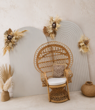 Load image into Gallery viewer, Two white backdrops / arches & 3 x boho flowers & Queen Peacock chair - HIRE ONLY