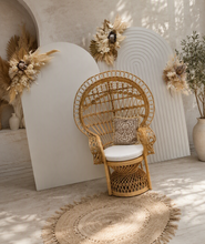 Load image into Gallery viewer, Two white backdrops / arches & 3 x boho flowers & Queen Peacock chair - HIRE ONLY