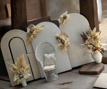 Load image into Gallery viewer, Two white backdrops / arches & 5 x boho flowers & White peacock chair - HIRE ONLY
