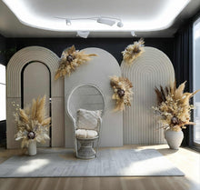 Load image into Gallery viewer, Two white backdrops / arches & 5 x boho flowers & White peacock chair - HIRE ONLY