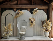 Load image into Gallery viewer, Two white backdrops / arches & 5 x boho flowers & White peacock chair - HIRE ONLY