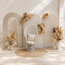 Load image into Gallery viewer, Two white backdrops / arches & 5 x boho flowers & White peacock chair - HIRE ONLY