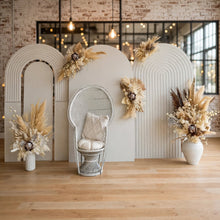 Load image into Gallery viewer, Two white backdrops / arches & 5 x boho flowers & White peacock chair - HIRE ONLY