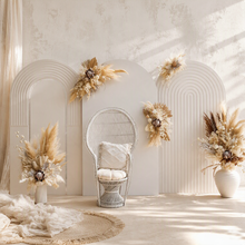 Load image into Gallery viewer, Two white backdrops / arches & 5 x boho flowers & White peacock chair - HIRE ONLY