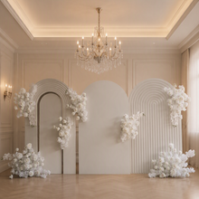 Load image into Gallery viewer, Three white backdrops / arches & 7 x White flowers - Advanced Package 1 - HIRE ONLY