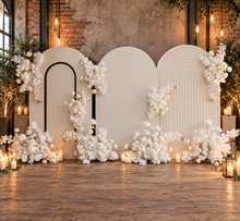 Load image into Gallery viewer, Three white backdrops / arches & 11 x White flowers - Deluxe Package - HIRE ONLY